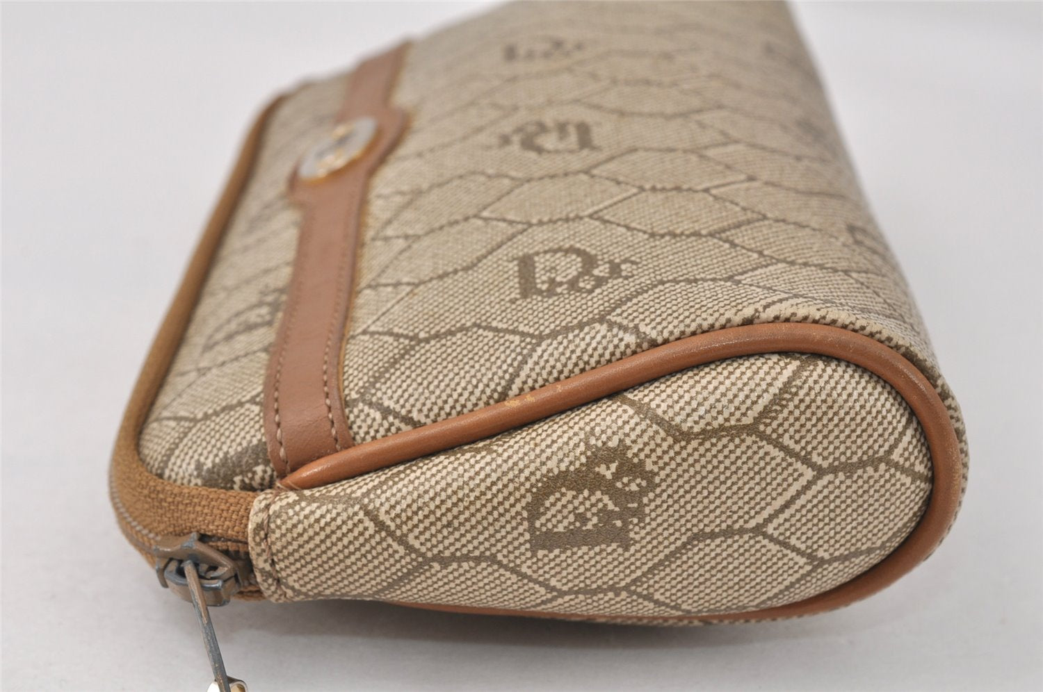 Authentic Christian Dior Honeycomb Pouch Purse PVC Leather Brown 4042K