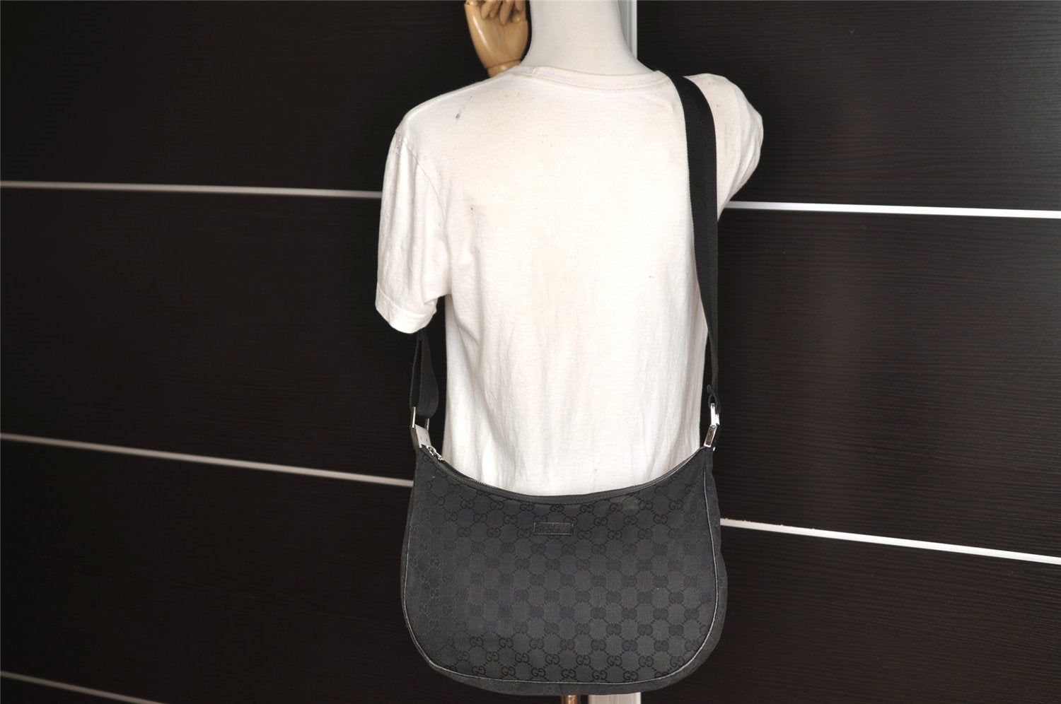 Authentic GUCCI Shoulder Cross Body Bag GG Canvas Leather 122790 Black 4043J