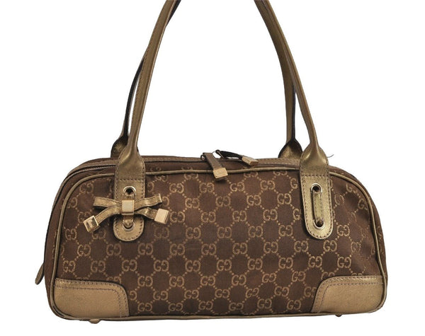 Authentic GUCCI Princy Ribbon GG Canvas Leather Hand Bag 161720 Gold 4045J