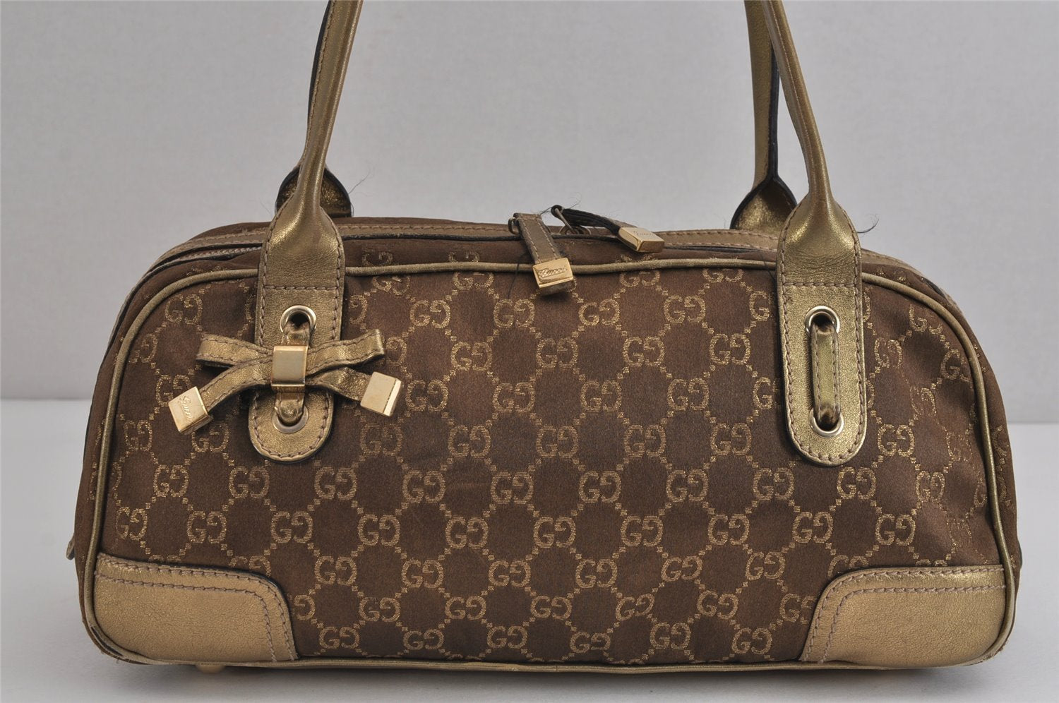 Authentic GUCCI Princy Ribbon GG Canvas Leather Hand Bag 161720 Gold 4045J