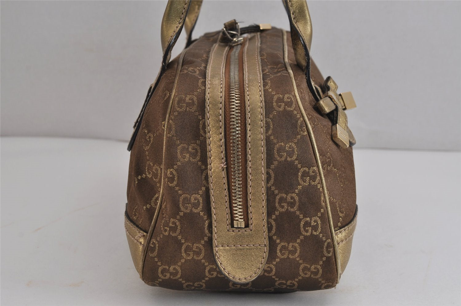 Authentic GUCCI Princy Ribbon GG Canvas Leather Hand Bag 161720 Gold 4045J