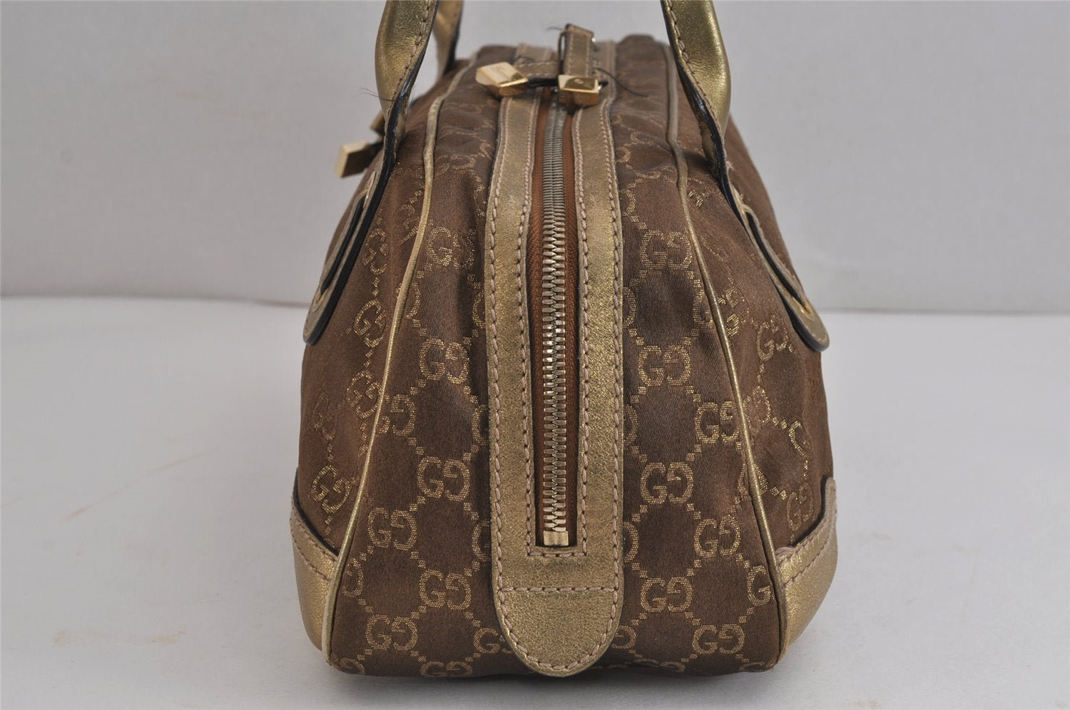 Authentic GUCCI Princy Ribbon GG Canvas Leather Hand Bag 161720 Gold 4045J