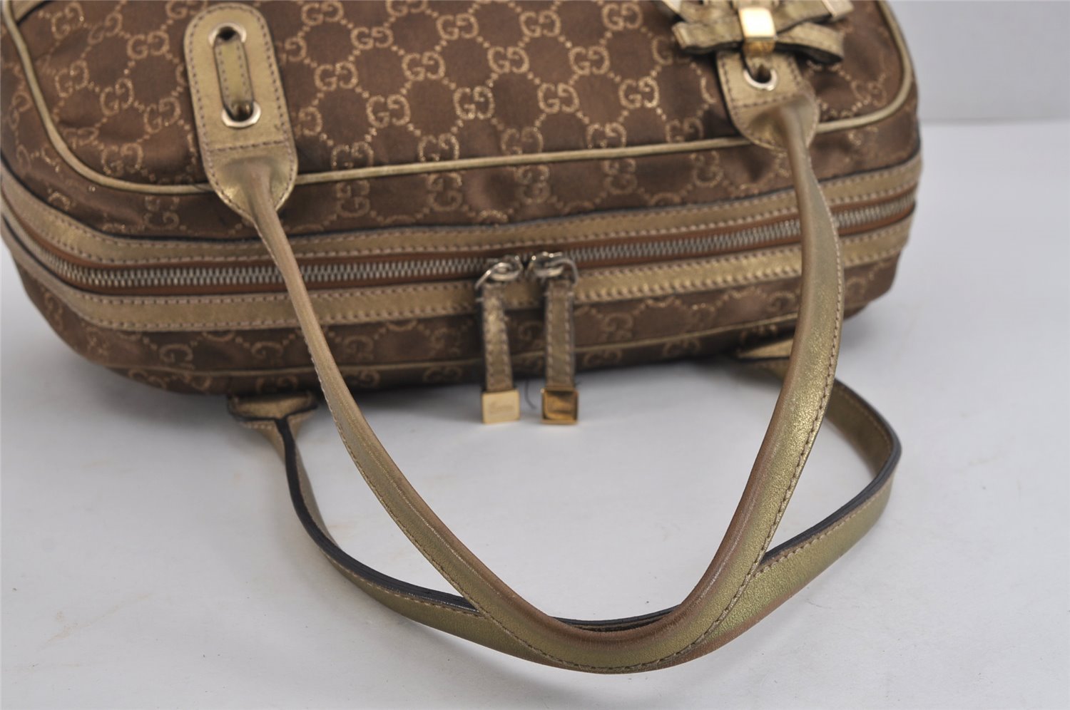 Authentic GUCCI Princy Ribbon GG Canvas Leather Hand Bag 161720 Gold 4045J