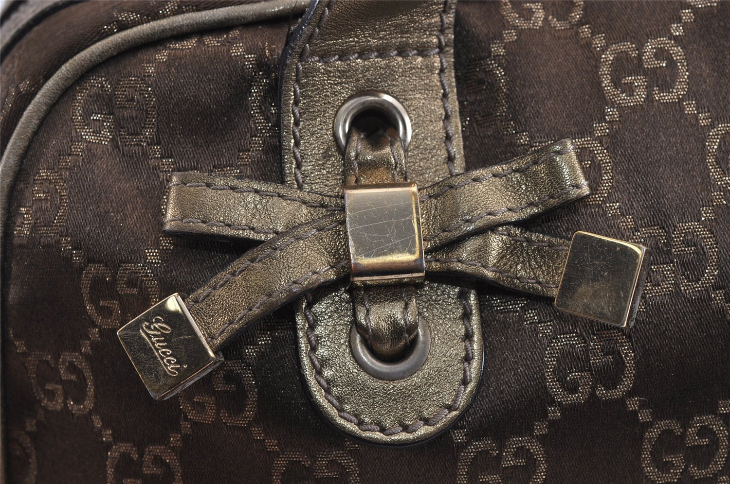 Authentic GUCCI Princy Ribbon GG Canvas Leather Hand Bag 161720 Gold 4045J