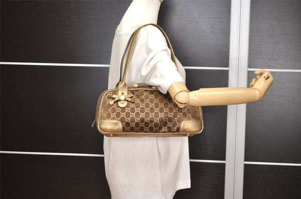 Authentic GUCCI Princy Ribbon GG Canvas Leather Hand Bag 161720 Gold 4045J