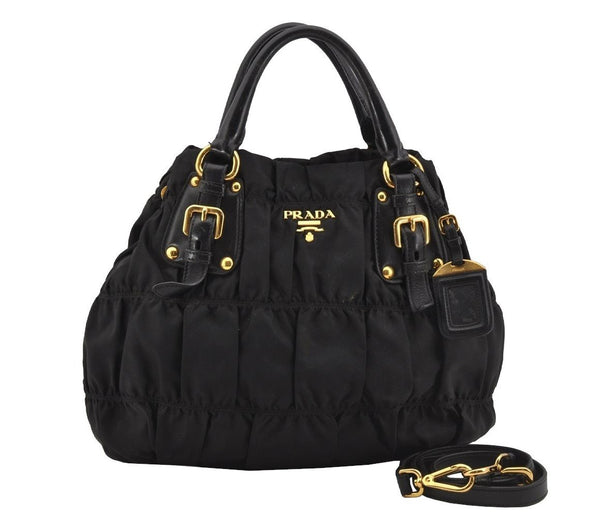 Auth PRADA Tessuto Gaufre Nylon Leather 2Way Shoulder Hand Tote Bag Black 4046J