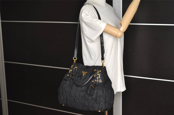 Auth PRADA Tessuto Gaufre Nylon Leather 2Way Shoulder Hand Tote Bag Black 4046J