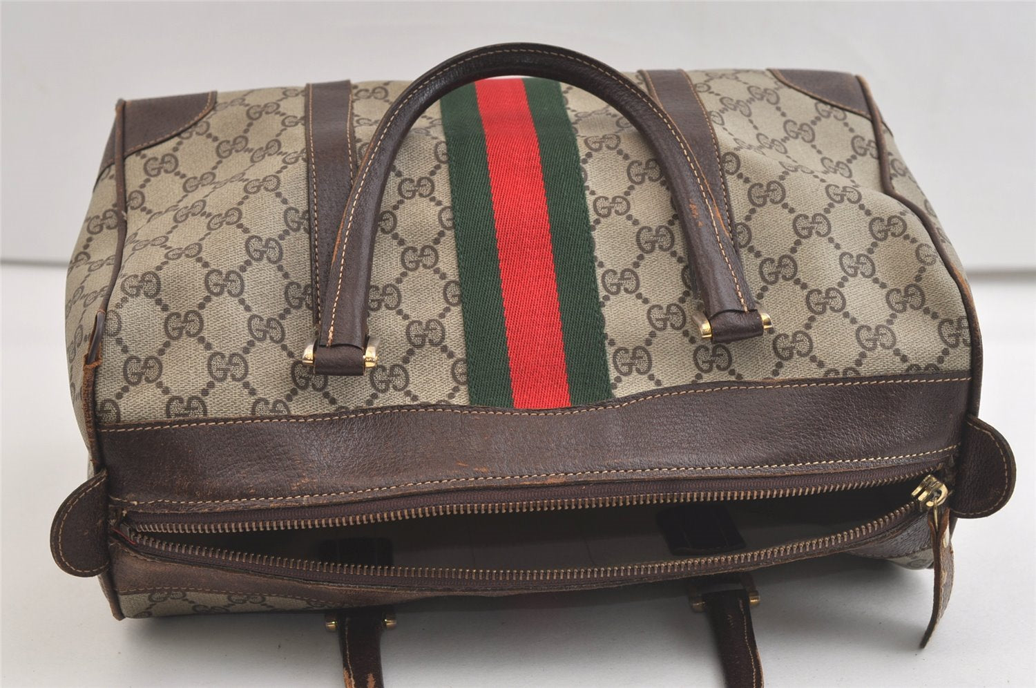 Authentic GUCCI Web Sherry Line Hand Boston Bag GG PVC Leather Brown Junk 4046K