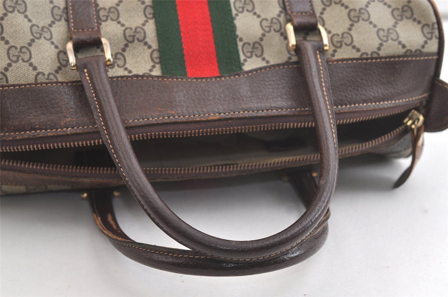 Authentic GUCCI Web Sherry Line Hand Boston Bag GG PVC Leather Brown Junk 4046K