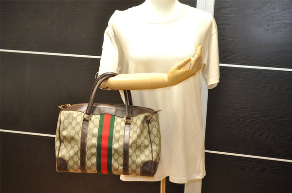 Authentic GUCCI Web Sherry Line Hand Boston Bag GG PVC Leather Brown Junk 4046K