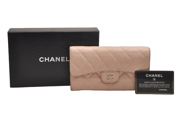 Authentic CHANEL Caviar Skin Matelasse Long Trifold Wallet CC Pink Box 4050J