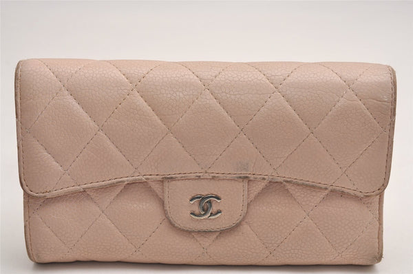 Authentic CHANEL Caviar Skin Matelasse Long Trifold Wallet CC Pink Box 4050J