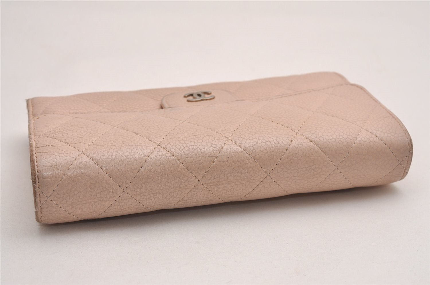 Authentic CHANEL Caviar Skin Matelasse Long Trifold Wallet CC Pink Box 4050J