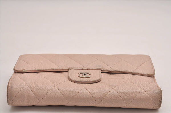 Authentic CHANEL Caviar Skin Matelasse Long Trifold Wallet CC Pink Box 4050J