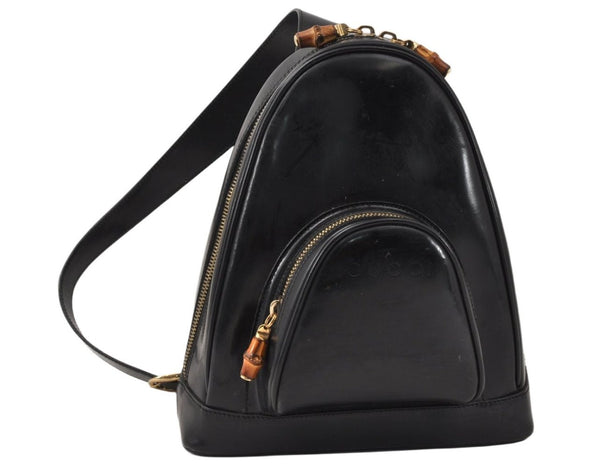 Authentic GUCCI Vintage Bamboo Shoulder Bag Purse Enamel Black Junk 4053K