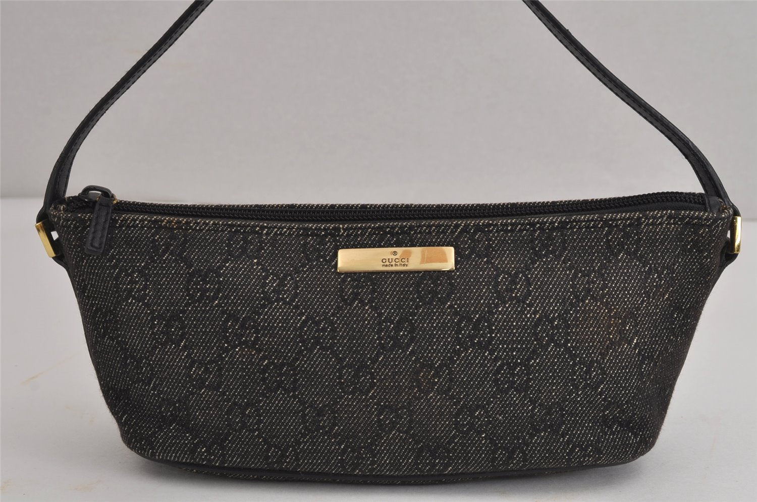 Authentic GUCCI Vintage Hand Bag Pouch Purse GG Canvas Leather 07198 Black 4057J