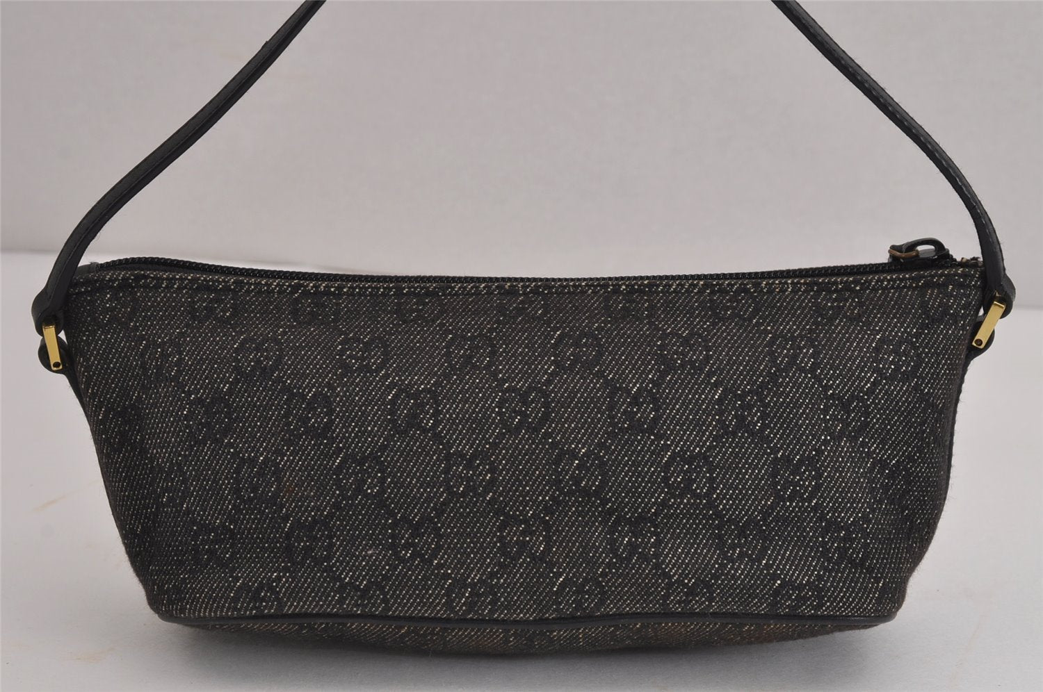 Authentic GUCCI Vintage Hand Bag Pouch Purse GG Canvas Leather 07198 Black 4057J