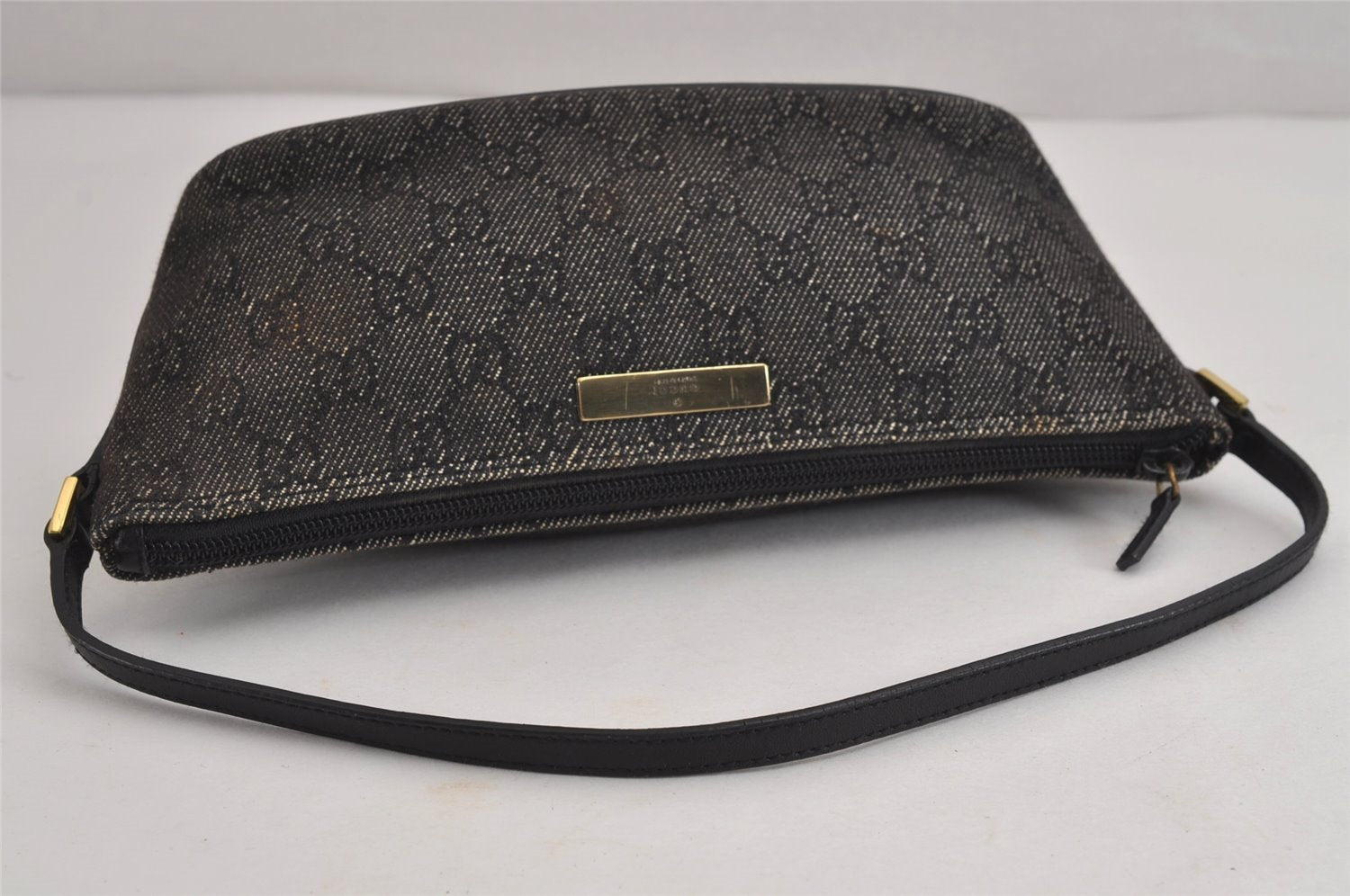 Authentic GUCCI Vintage Hand Bag Pouch Purse GG Canvas Leather 07198 Black 4057J