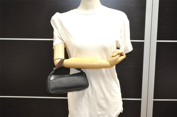 Authentic GUCCI Web Sherry Line Hand Bag Pouch Canvas Leather 92820 Black 4062I