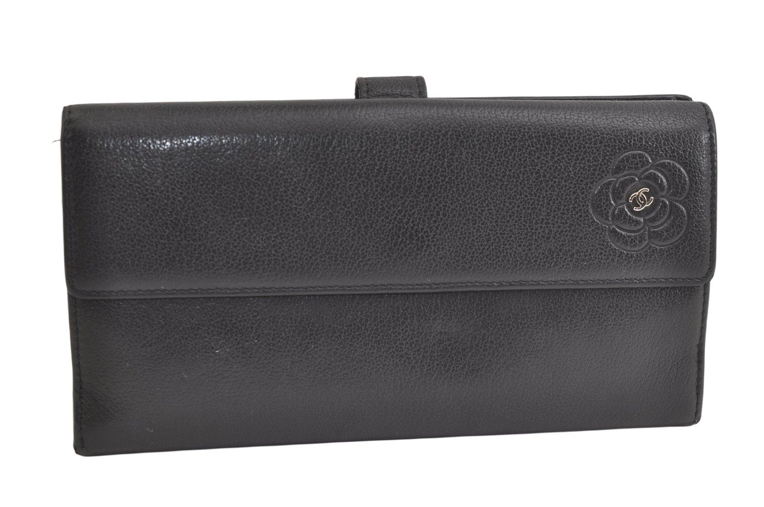 Authentic CHANEL Butterfly Camellia Calf Skin CC Logo Long Wallet Black 4062K