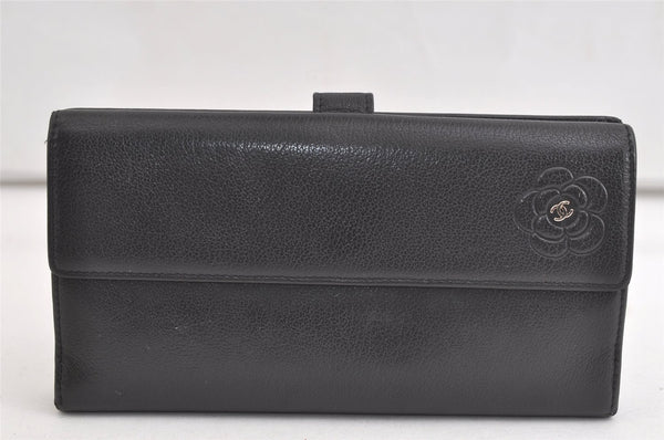 Authentic CHANEL Butterfly Camellia Calf Skin CC Logo Long Wallet Black 4062K