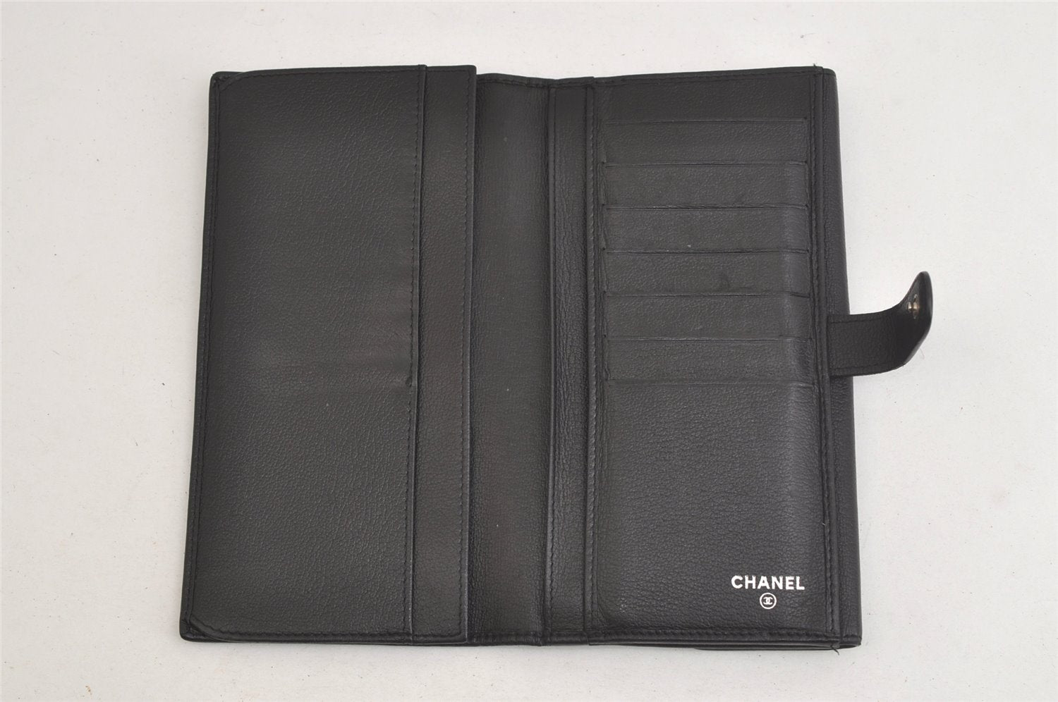 Authentic CHANEL Butterfly Camellia Calf Skin CC Logo Long Wallet Black 4062K