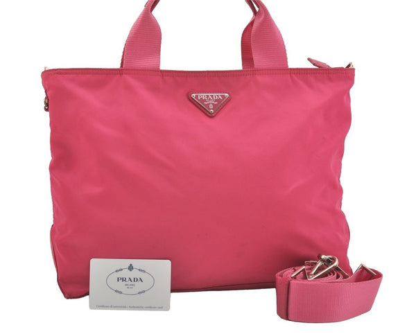 Auth PRADA VELA Nylon Tessuto Saffiano Leather 2Way Tote Bag BN2867 Pink 4071J