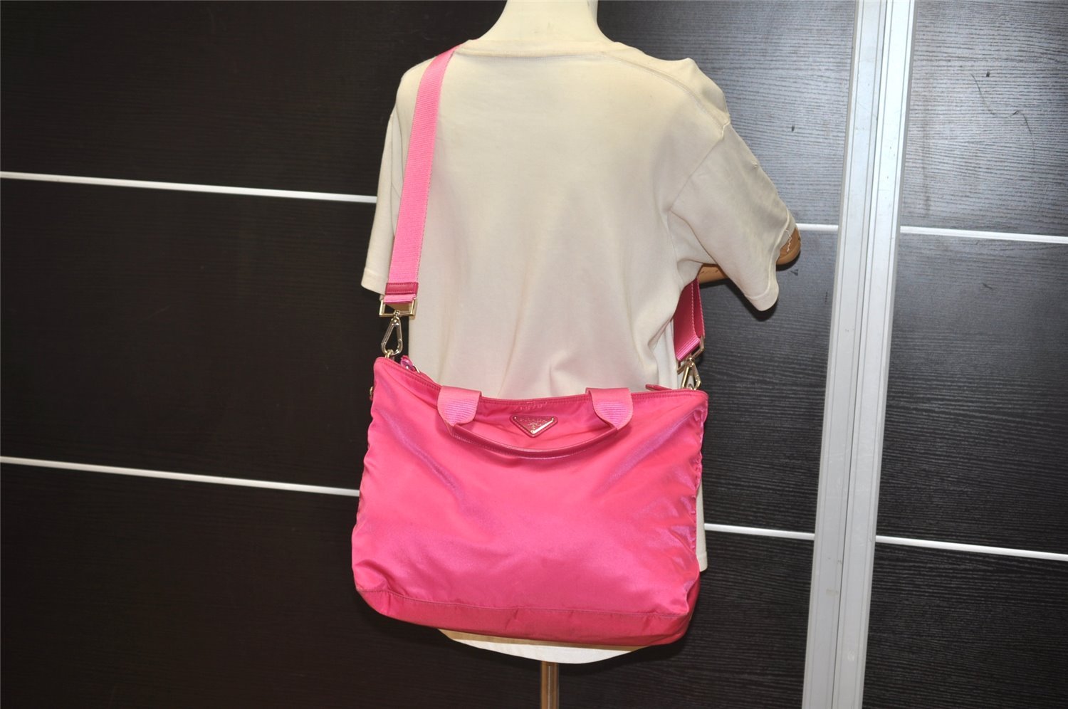 Auth PRADA VELA Nylon Tessuto Saffiano Leather 2Way Tote Bag BN2867 Pink 4071J