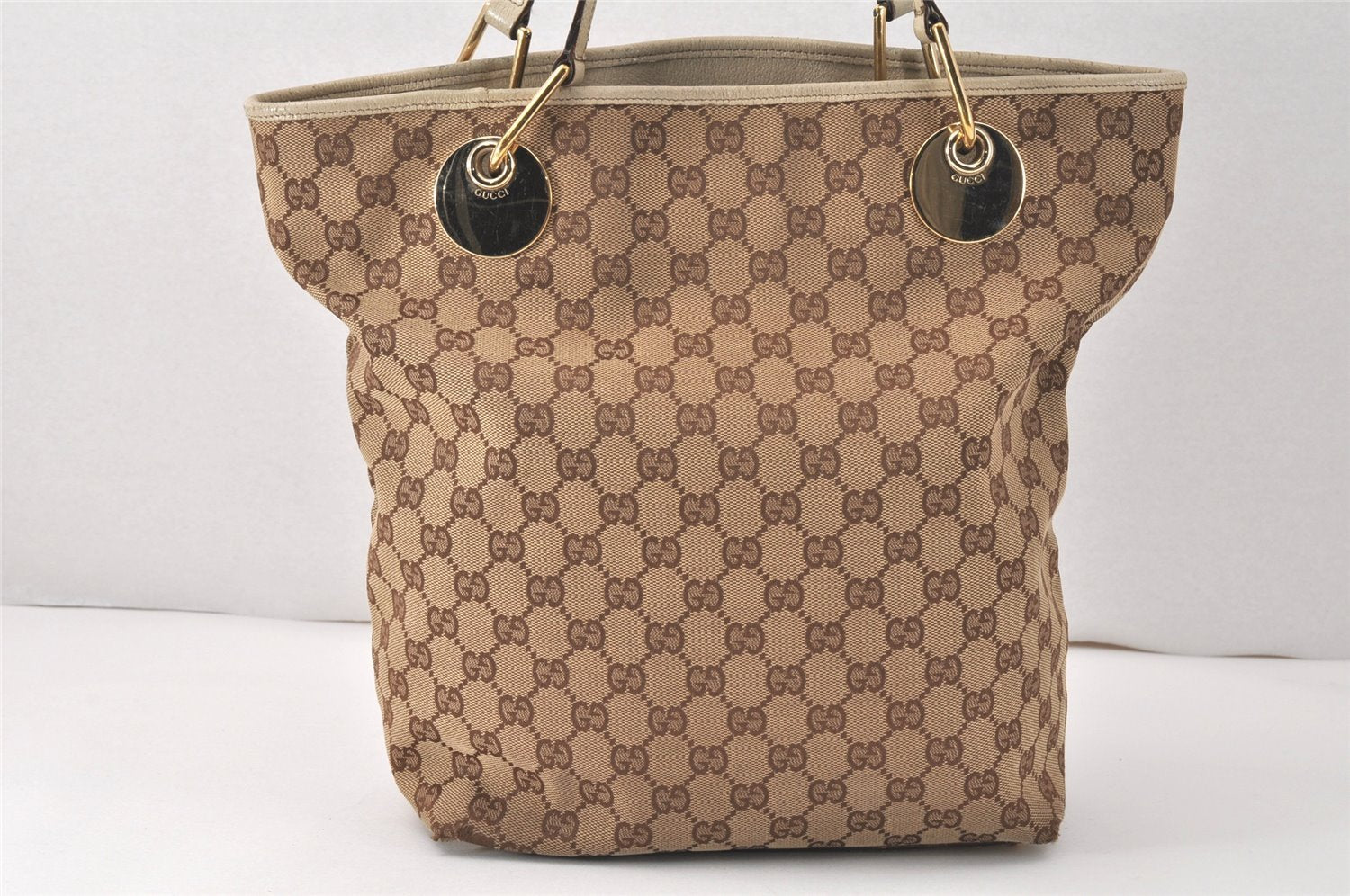 Authentic GUCCI Eclipse Shoulder Tote Bag GG Canvas Leather 120836 Brown 4077K