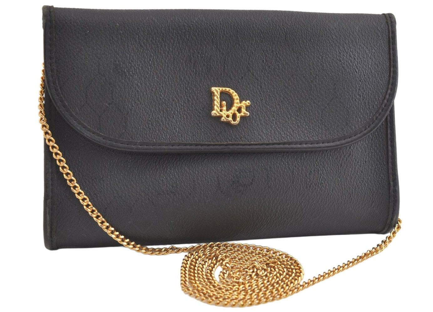 Authentic Christian Dior Honeycomb Shoulder Bag Chain PVC Leather Black 4081K