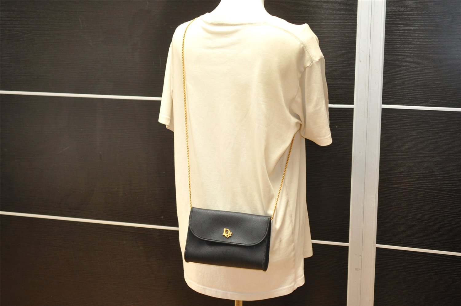 Authentic Christian Dior Honeycomb Shoulder Bag Chain PVC Leather Black 4081K