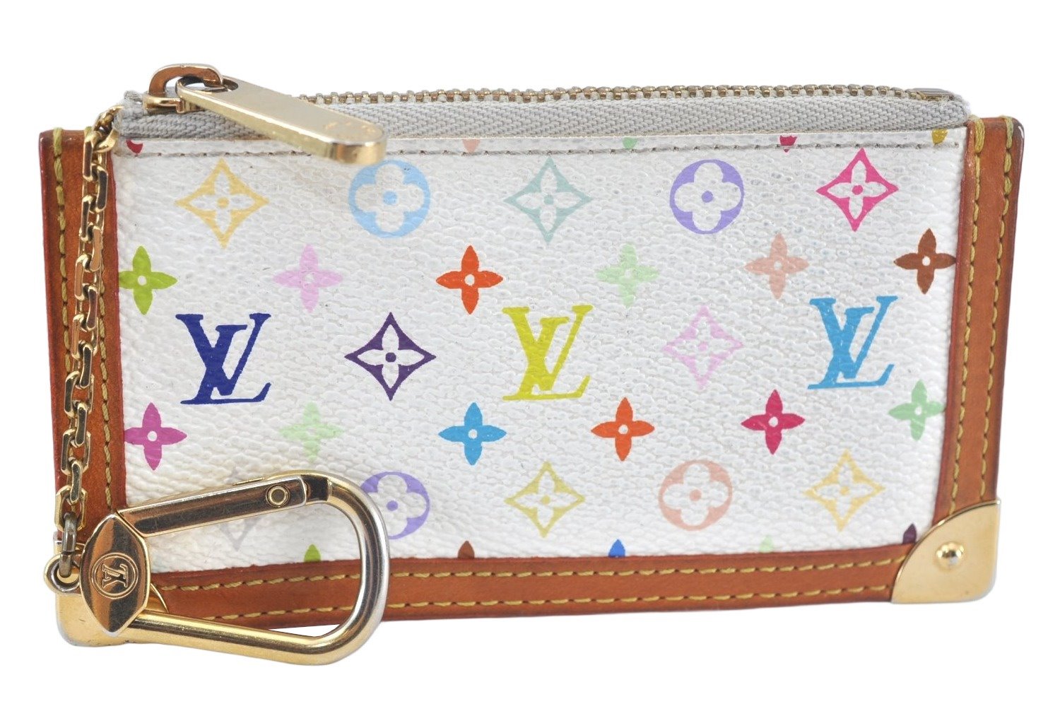 Authentic Louis Vuitton Monogram Multicolor Pochette Cles Coin Purse White 4083J