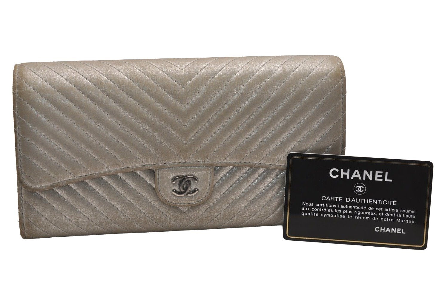 Authentic CHANEL Lamb Skin V Stitch CC Logo Long Wallet Purse Silver 4086J