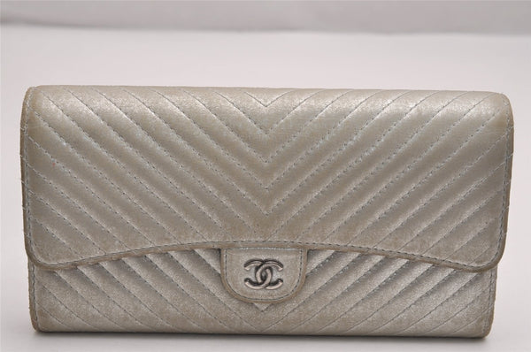 Authentic CHANEL Lamb Skin V Stitch CC Logo Long Wallet Purse Silver 4086J