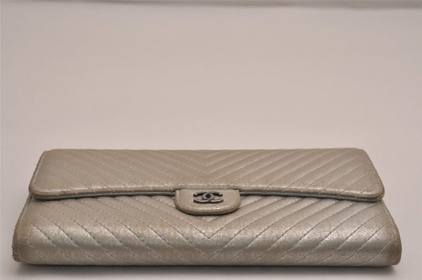 Authentic CHANEL Lamb Skin V Stitch CC Logo Long Wallet Purse Silver 4086J