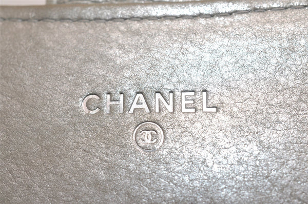 Authentic CHANEL Lamb Skin V Stitch CC Logo Long Wallet Purse Silver 4086J