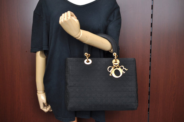Authentic Christian Dior Lady Dior Cannage Shoulder Hand Bag Canvas Black 4088H