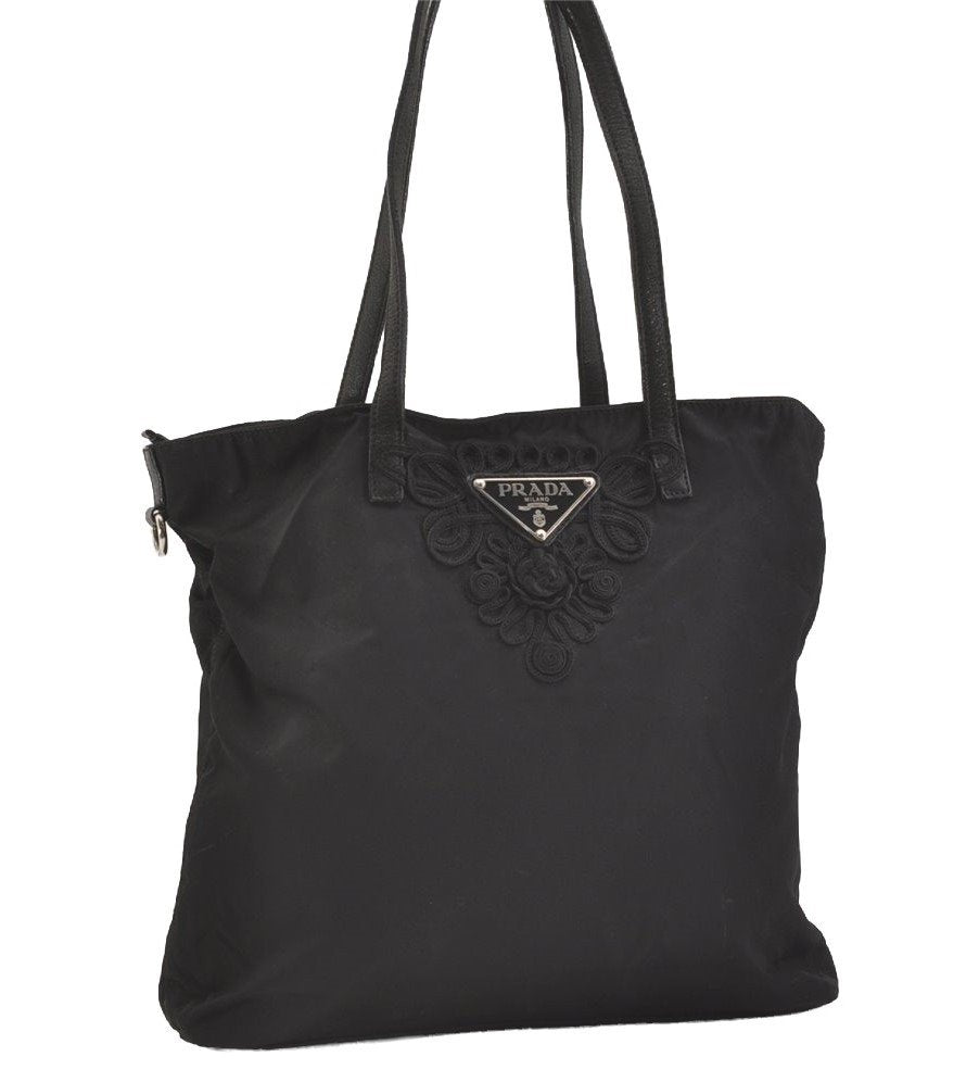 Authentic PRADA Vintage Nylon Tessuto Leather Shoulder Tote Bag Black 4104J