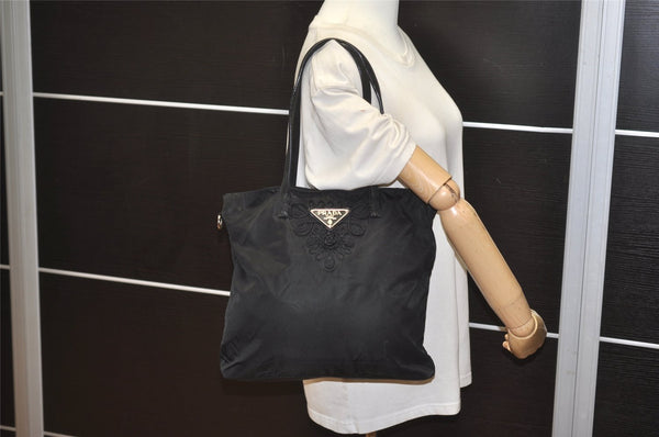 Authentic PRADA Vintage Nylon Tessuto Leather Shoulder Tote Bag Black 4104J
