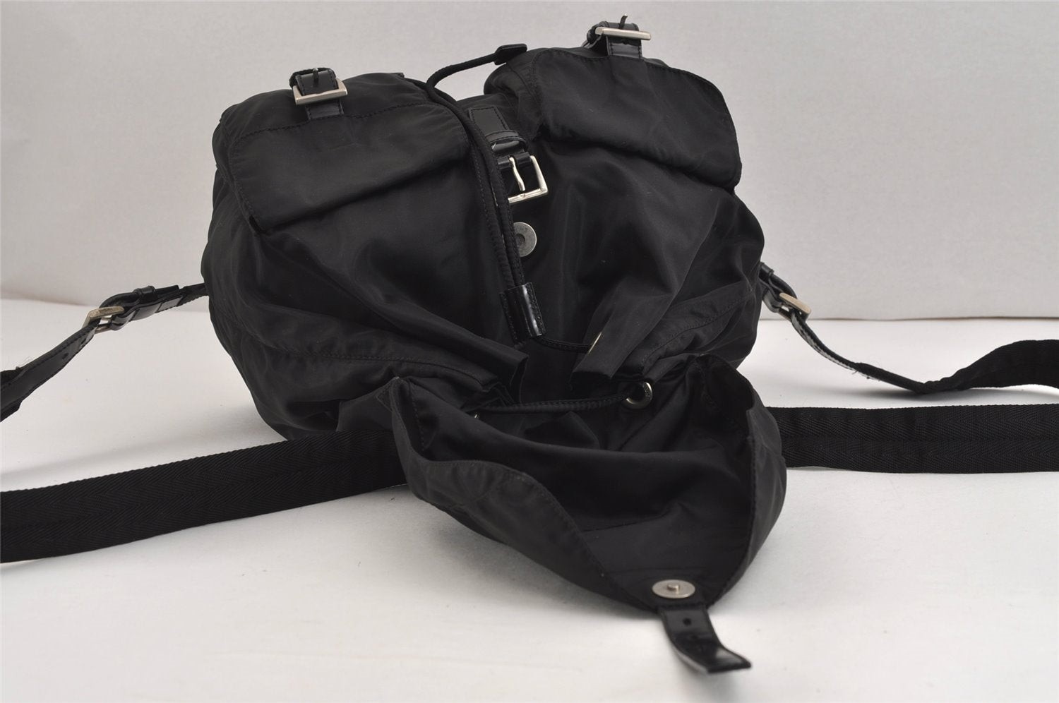 Authentic PRADA Vintage Nylon Tessuto Leather Backpack Black 4106J