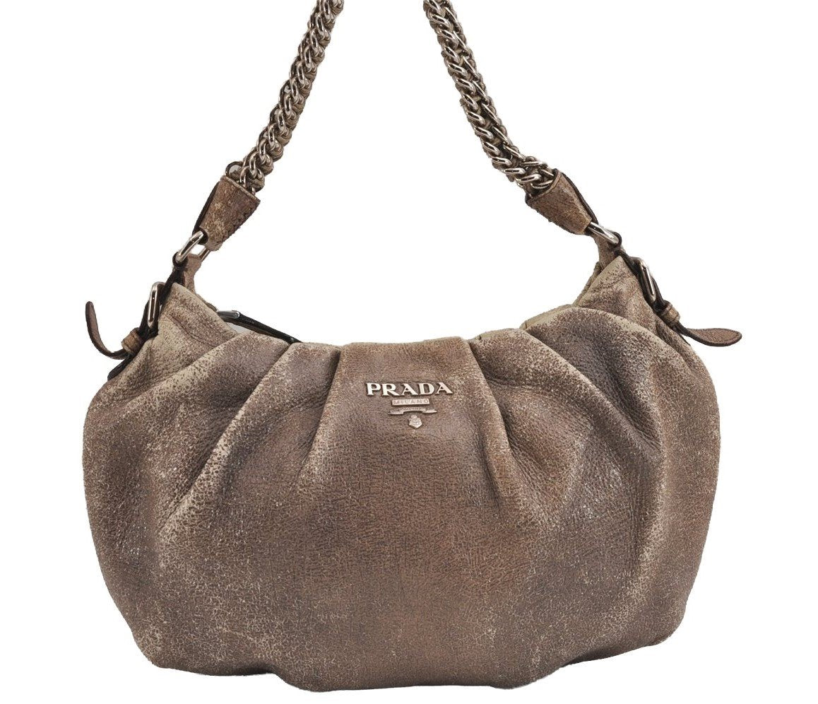 Authentic PRADA Vintage Leather Nappa Chain Shoulder Hand Bag Purse Brown 4107J