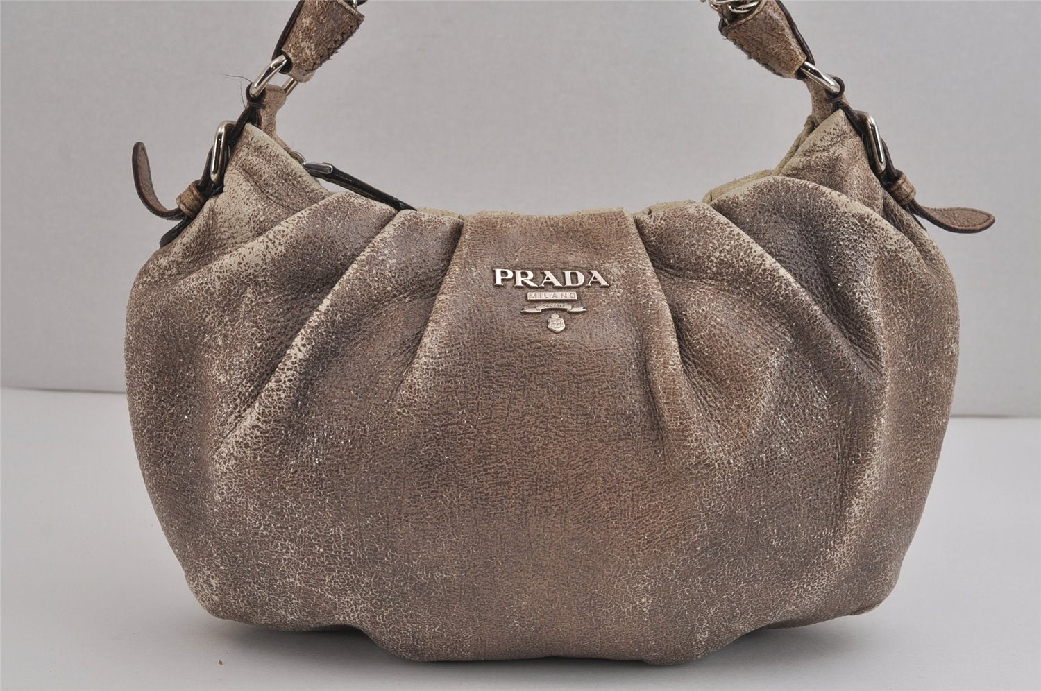 Authentic PRADA Vintage Leather Nappa Chain Shoulder Hand Bag Purse Brown 4107J