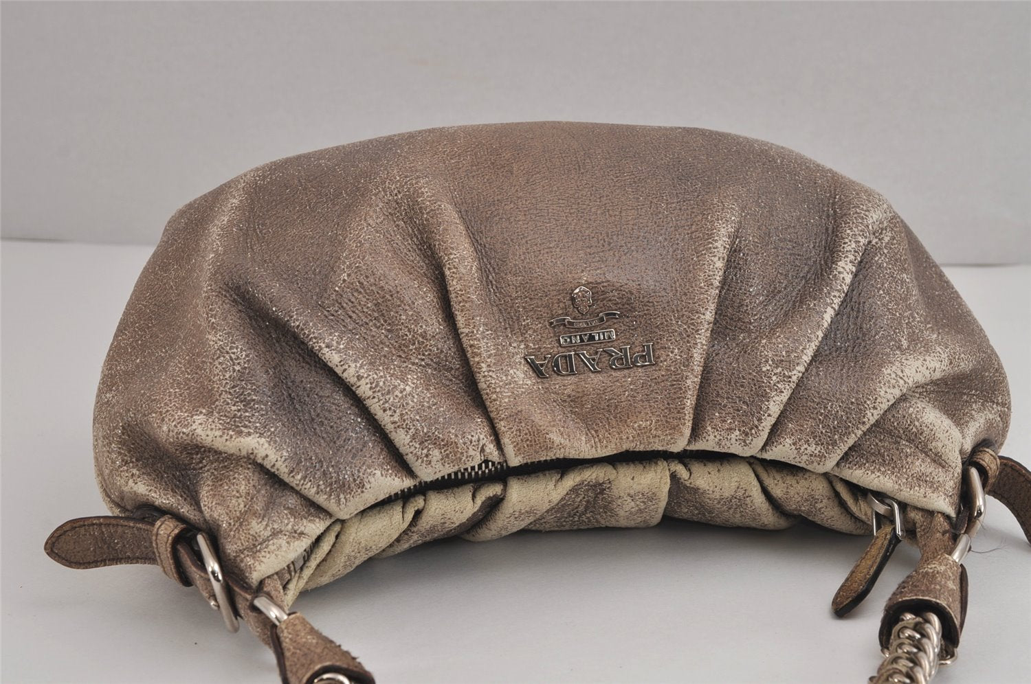 Authentic PRADA Vintage Leather Nappa Chain Shoulder Hand Bag Purse Brown 4107J