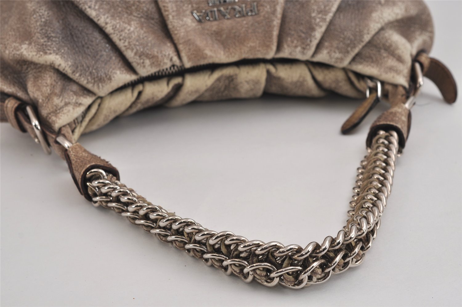 Authentic PRADA Vintage Leather Nappa Chain Shoulder Hand Bag Purse Brown 4107J