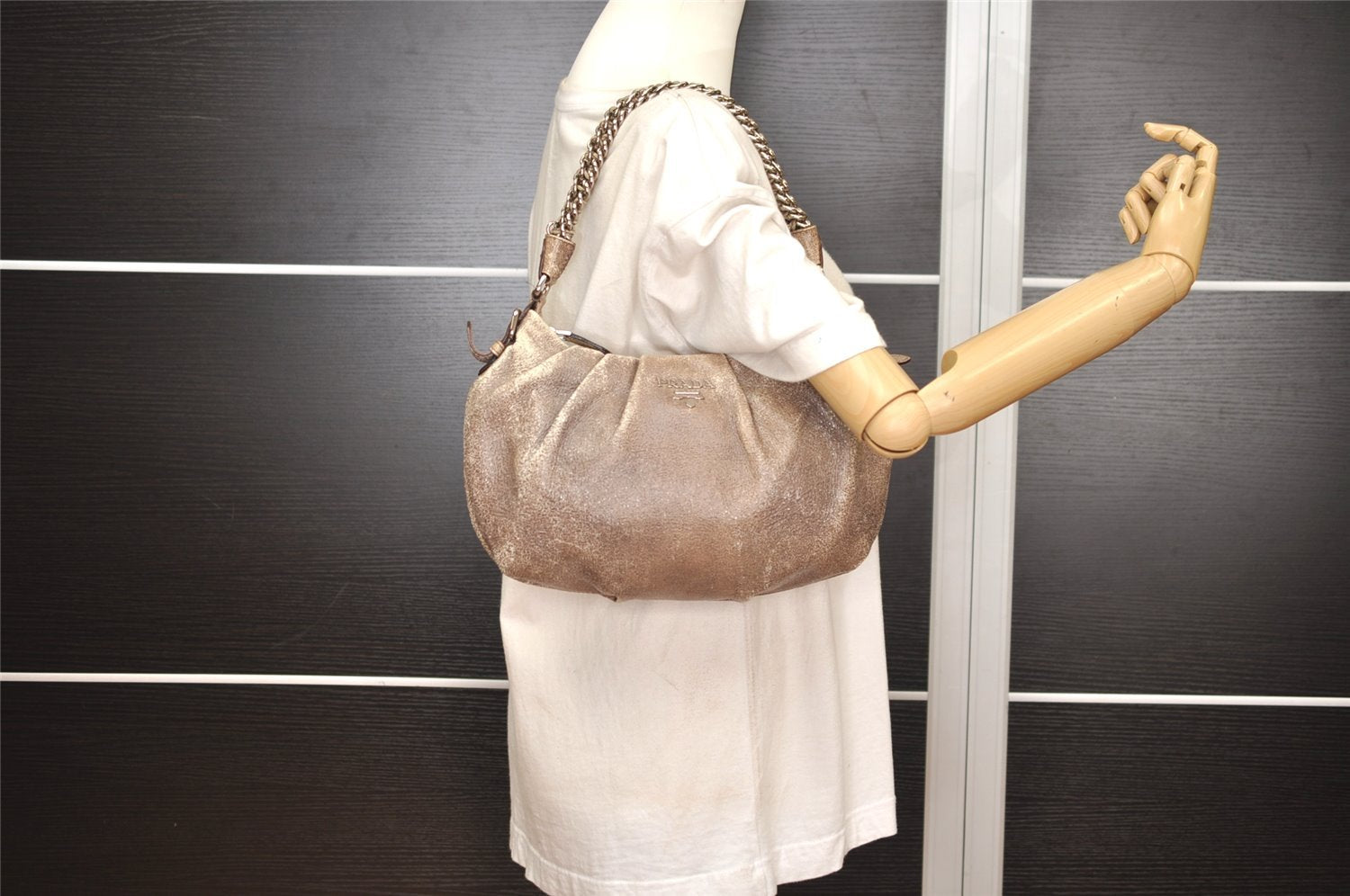 Authentic PRADA Vintage Leather Nappa Chain Shoulder Hand Bag Purse Brown 4107J