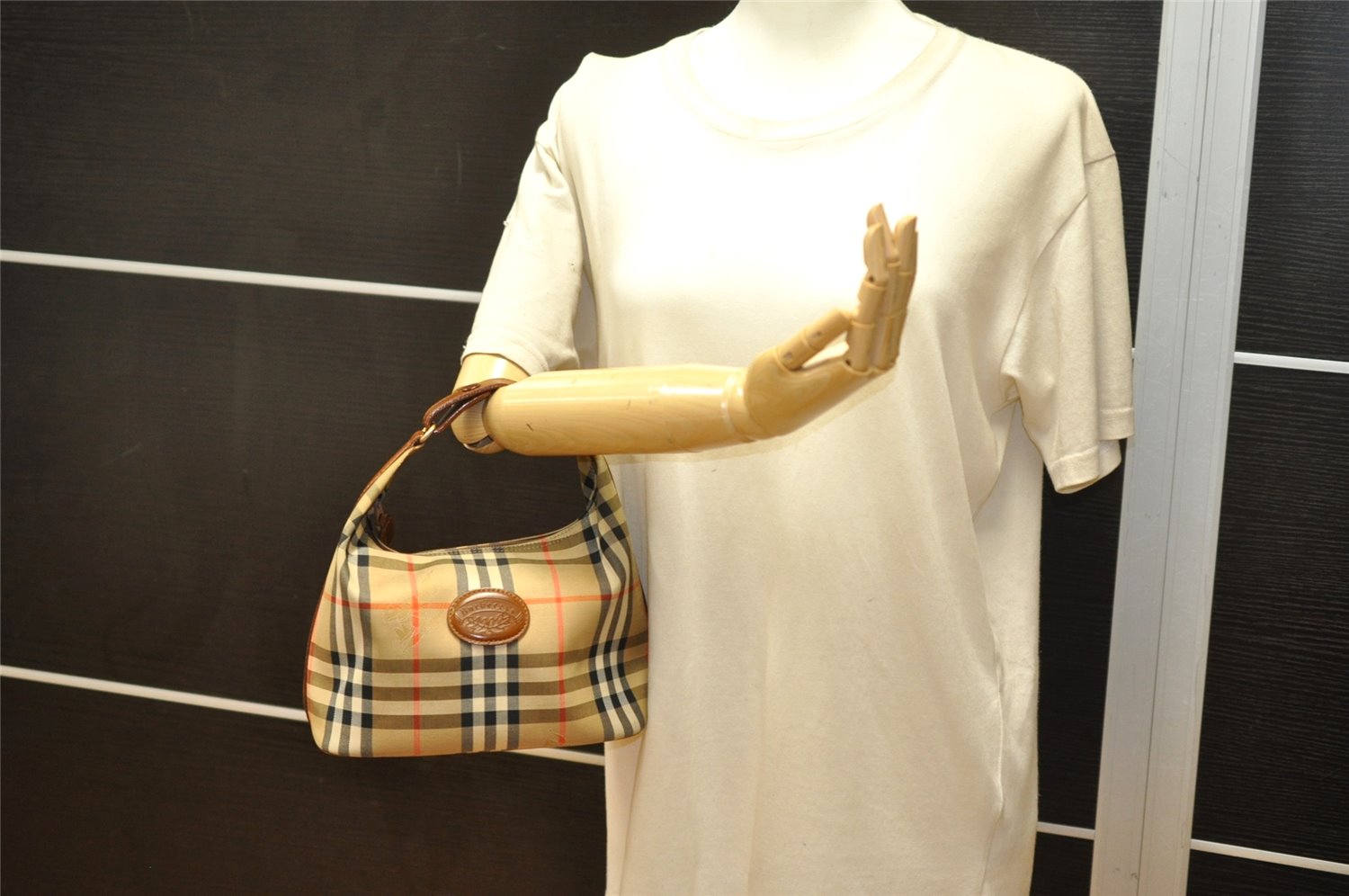 Authentic Burberrys Nova Check Canvas Leather Hand Bag Purse Beige 4109K
