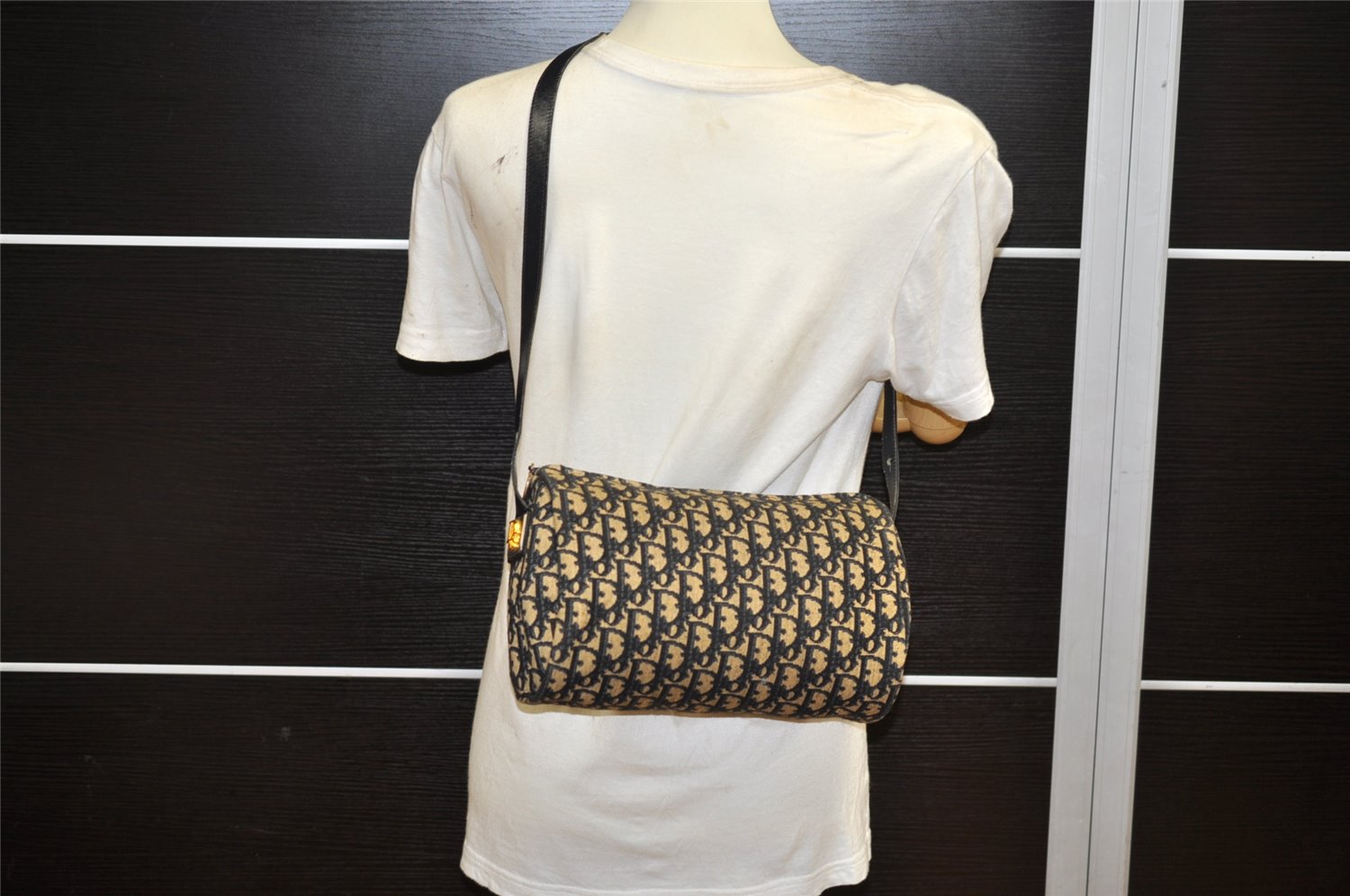 Authentic Christian Dior Trotter Shoulder Cross Bag Canvas Leather Navy 4114K