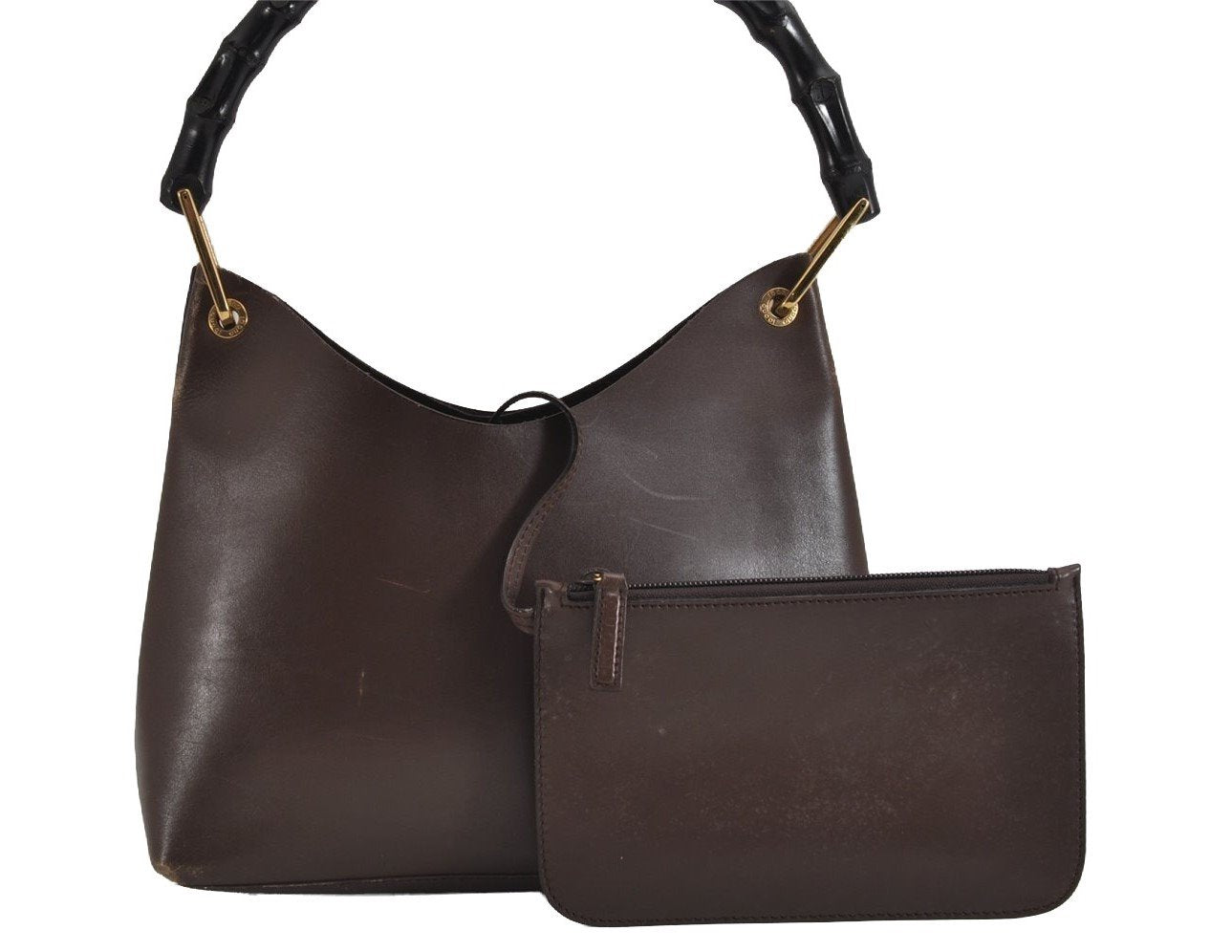 Authentic GUCCI Vintage Bamboo Shoulder Hand Bag Purse Leather Brown 4115J