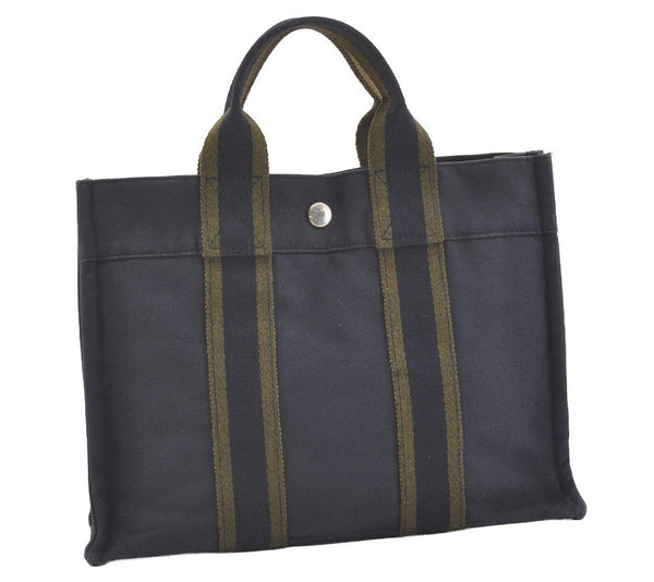 Authentic HERMES Vintage Fourre Tout PM Hand Tote Bag Canvas Navy 4117J