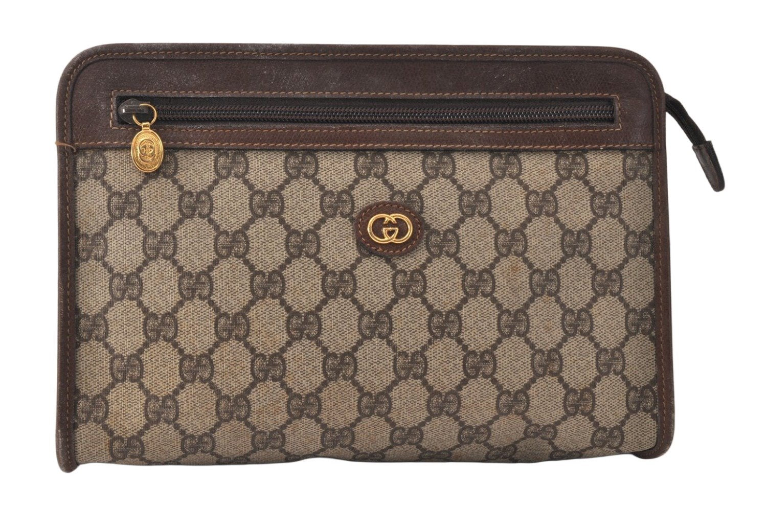 Authentic GUCCI Vintage Clutch Hand Bag Purse GG PVC Leather Brown Junk 4119K